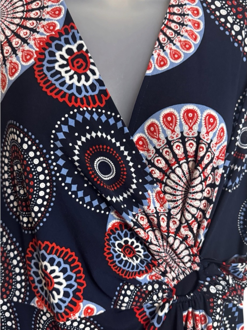 Navy Midi Mock Wrap Figure Flattering Dress Red & White Print LARGE #CL - Picture 2 of 9